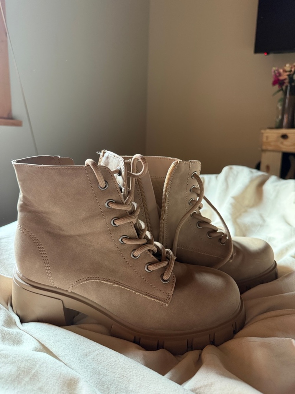 MIA Beige Lace-Up Platform Combat Boots